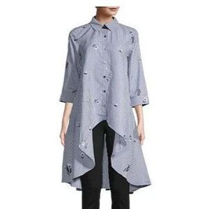 PATRIZIA LUCA Blue Striped Embroidered Hi-Low Button Front Tunic Shirt Dress M